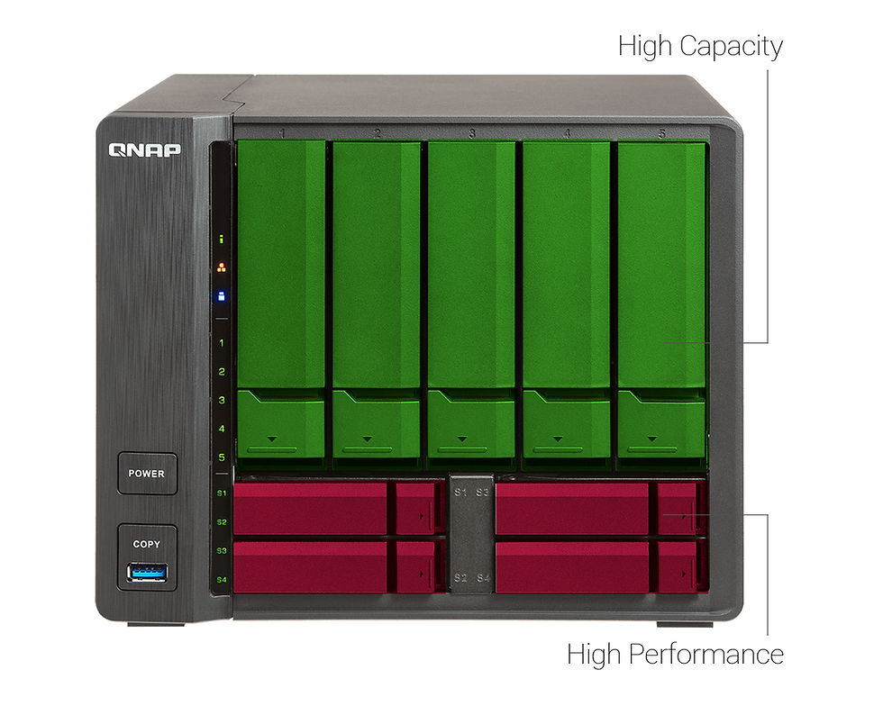 TS-963X mang kích thước của một máy chủ NAS 5 khay đĩa nhưng có sức chứa 5 khay HDD 3.5 inch và 4 khay SSD 2.5 inch, cung cấp hiệu năng cao, dung lượng lớn.