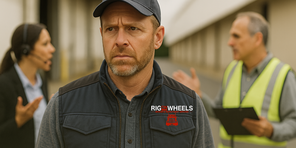 frustrated truck driver standing between a recruiter and a safety manager in disagreement, with the Rig on Wheels logo overlayed representing internal misalignment in trucking companies.