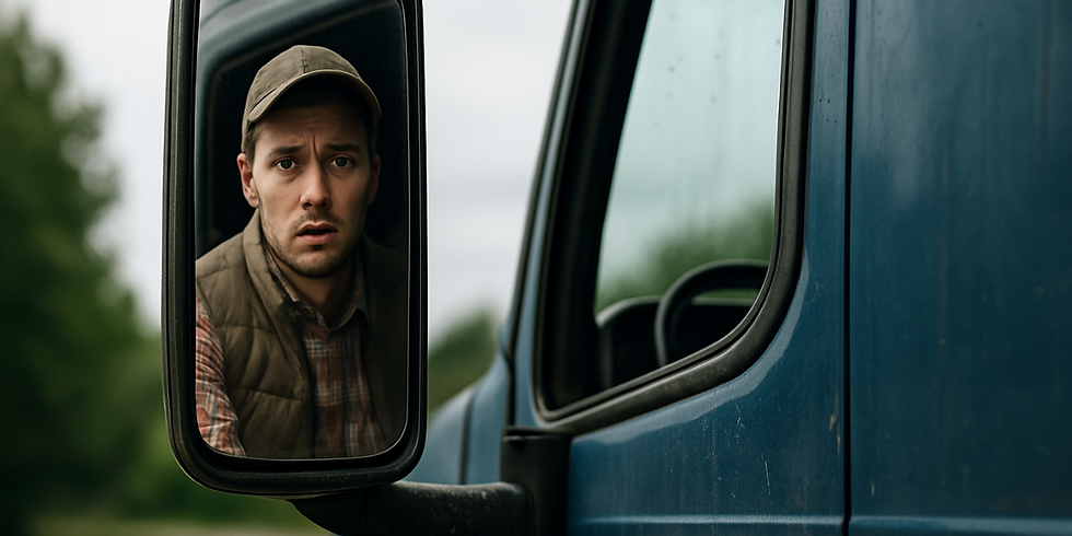 Close-up of a semi-truck side mirror reflecting the face of a nervous, inexperienced truck driver behind the wheel, symbolizing the risks of hiring unqualified drivers in the trucking industry.