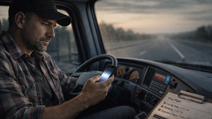 Truck driver sitting alone in a semi-truck cab, looking at his phone before starting a haul, with an empty road ahead through the windshield.