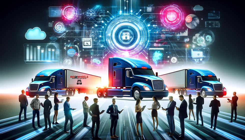 Futuristic recruitment scene with diverse potential truck drivers interacting with digital platforms, showcasing data analytics, social media, and virtual reality tools. The background features modern semi-trucks, highlighting the integration of technology in trucking