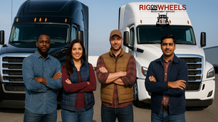 Four diverse truck drivers — a Black man, a Hispanic woman, a white man, and an Indian man — standing confidently in front of two modern semi-trucks, one black and one white, with the Rig on Wheels Recruitment Services logo above. The image represents diversity, teamwork, and success in truck driver recruitment for small fleets.