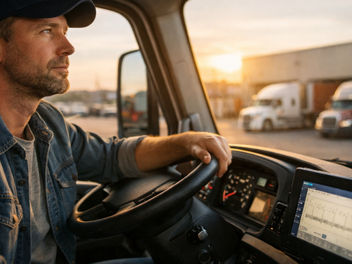 CDL truck driver seated in semi-truck cab during golden hour, reflecting before departure, representing truck driver retention strategies and the first 90 days in trucking.