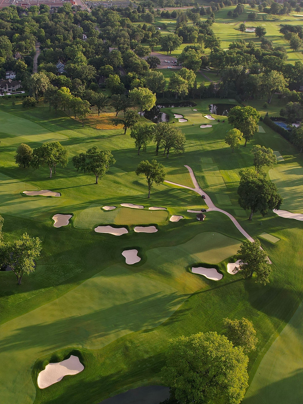Here is a good piece of land for natural green sites. In this Picture you can see the 2nd Green (left),  the 3rd Green (back) and the 7th Green (right) - Interlachen Country Club (Edina, Minnesota)
