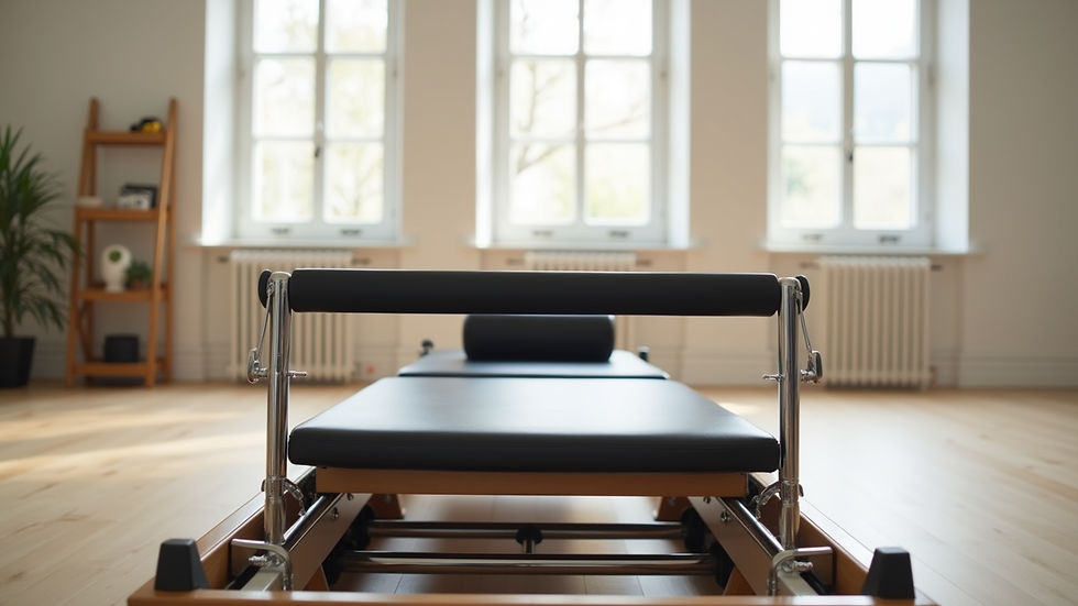 eye-level view of a Pilates reformer machine in a bright studio