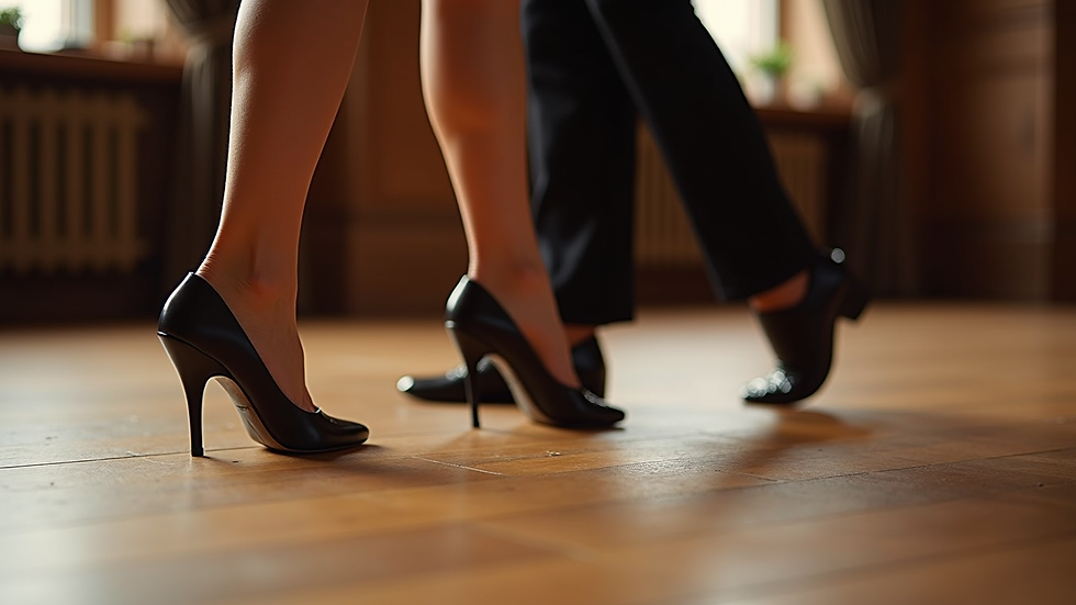 close-up view of feet performing basic tango steps on wooden floor