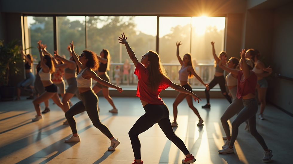 High angle view of a dance class practicing hip-hop moves