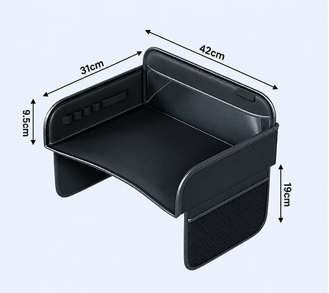 Tray & Tether (Tray and tether) black PU leather car seat activity tray with raised walls and marker storage, for kids aged 2-10
