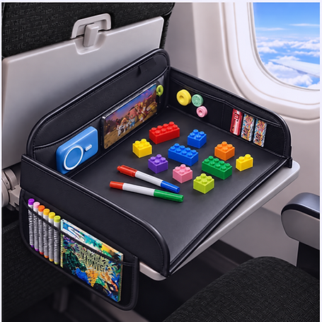 Tray & Tether (Tray and tether) black PU leather car seat activity tray with raised walls and marker storage, for kids aged 2-10