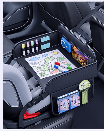Tray & Tether (Tray and tether) black PU leather car seat activity tray with raised walls and marker storage, for kids aged 2-10