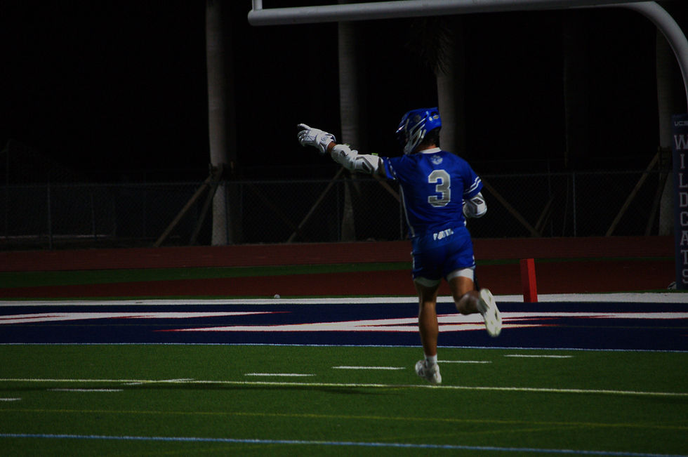 High angle view of lacrosse players celebrating a goal on the field