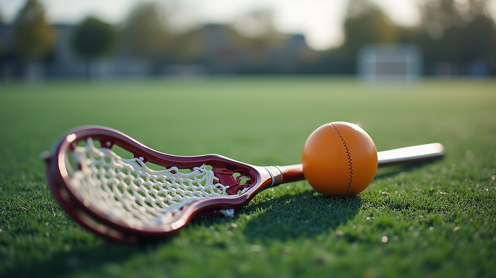 Eye-level view of a lacrosse stick and ball on a field