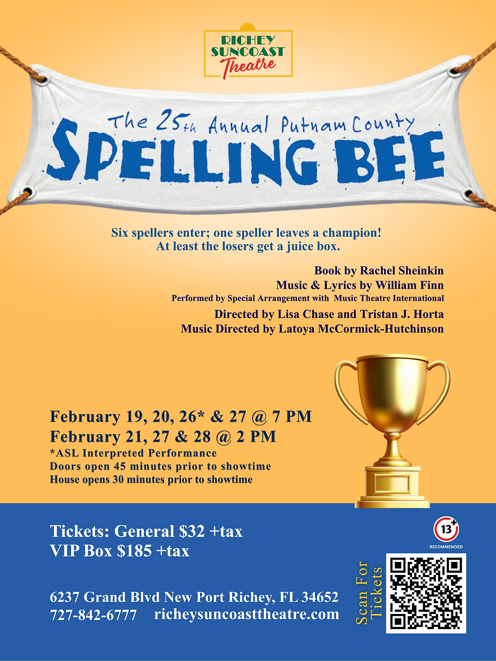 The 25th Annual Putnam County Spelling Bee at Richey Suncoast Theatre, February 19 to 28, 2027