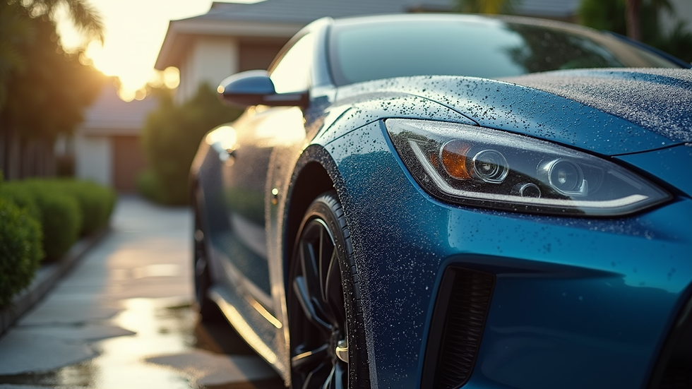 High angle view of a clean, shiny car parked outside a Hollywood FL home after mobile car wash