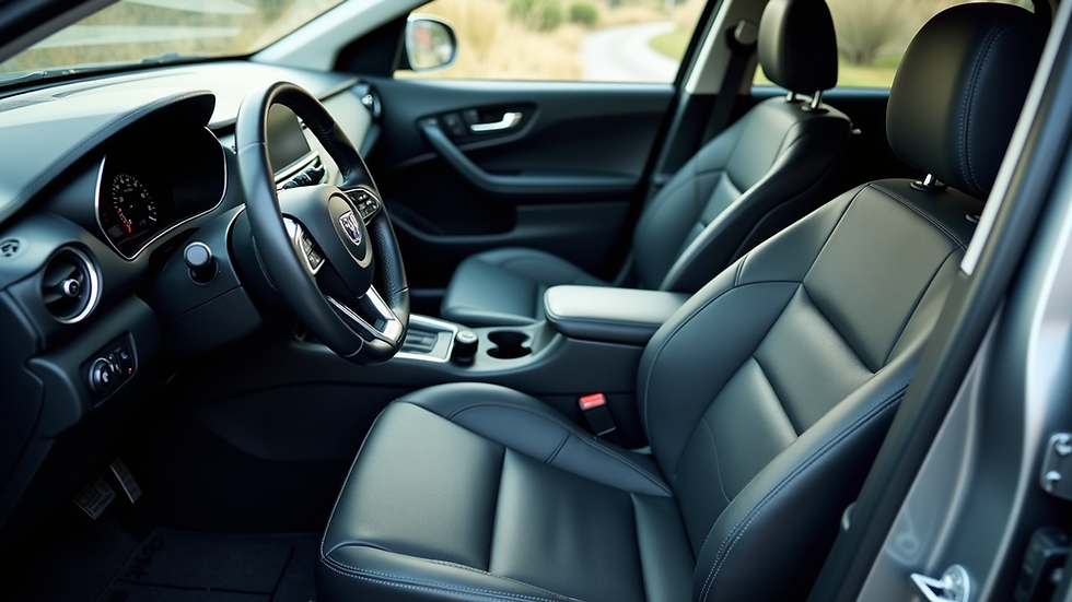 High angle view of a car interior with clean seats and dashboard after detailing