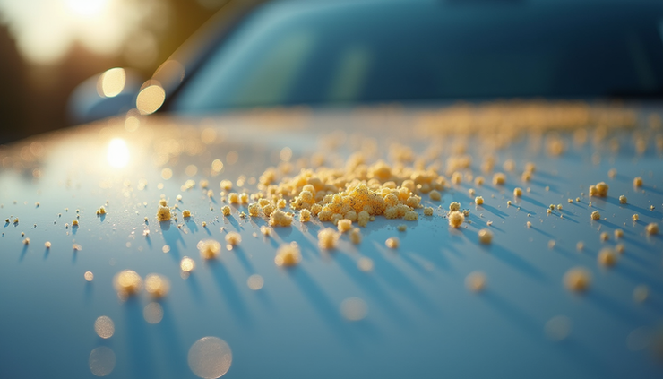 Close-up view of yellow pollen particles settled on a car’s clear coat surface