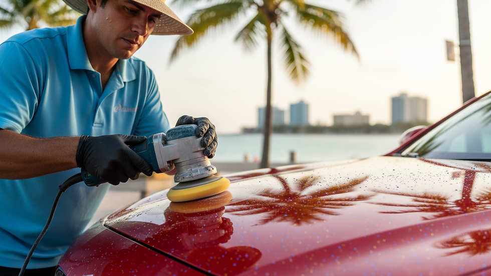 Close-up view of a mobile detailer polishing a car’s hood