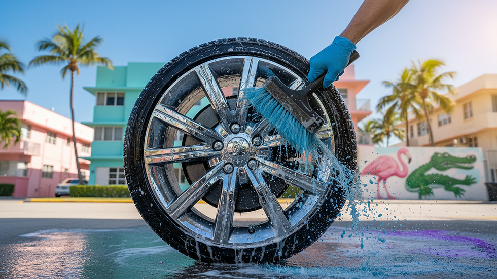 Eye-level view of a car wheel being cleaned with a brush