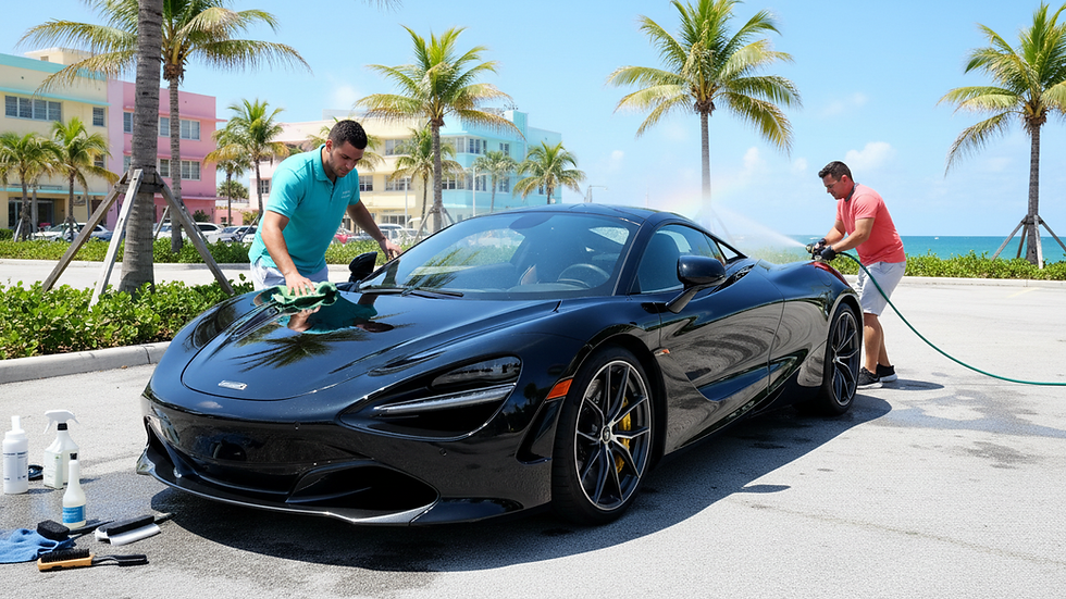 Eye-level view of a shiny black car being detailed outdoors