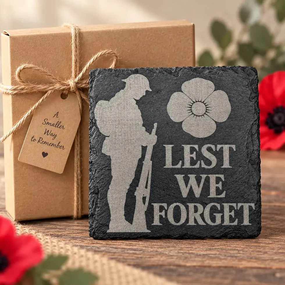 Thumbnail: Lest We Forget Engraved Slate Coaster – Remembrance Soldier & Poppy Design