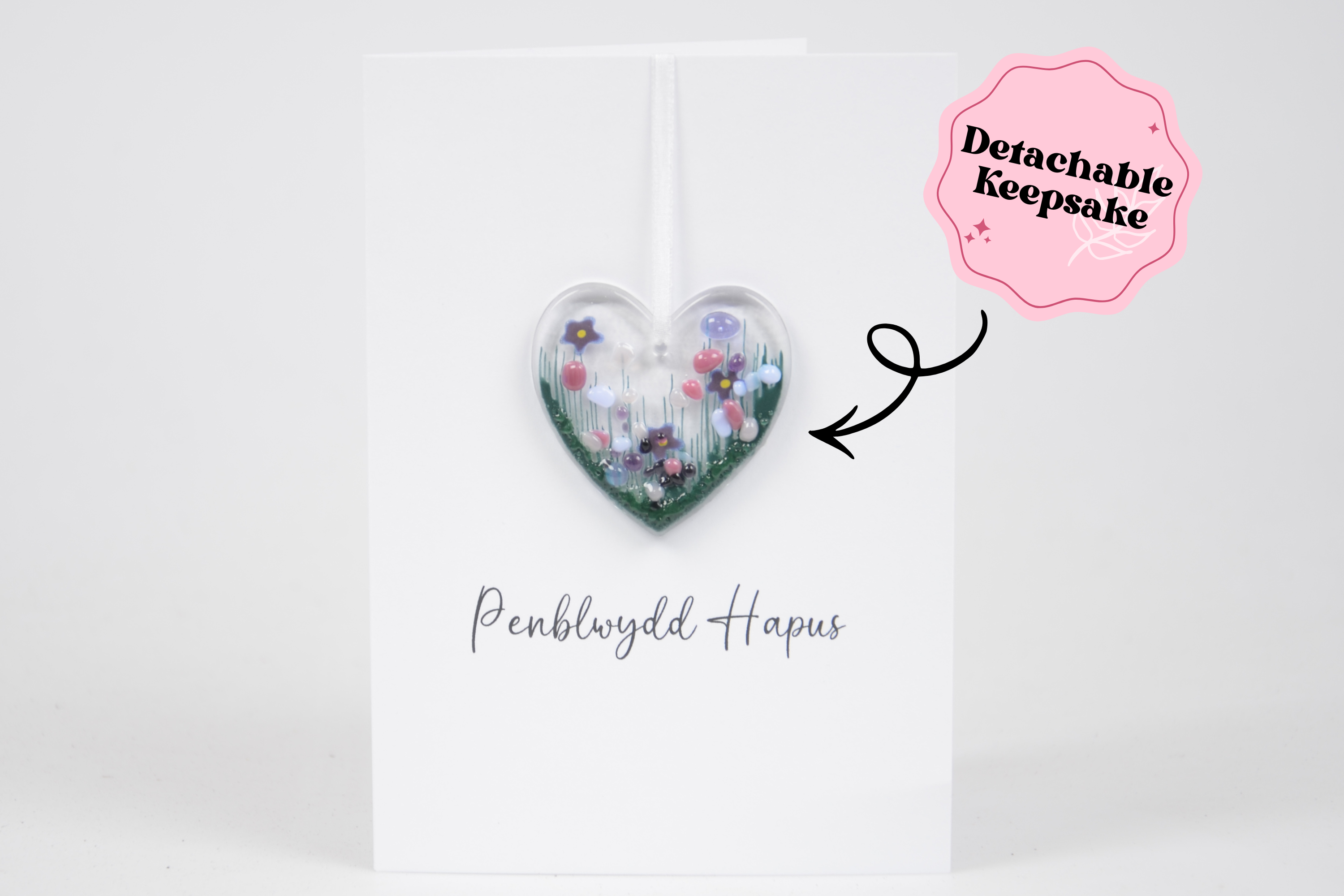 Detachable Fused Glass Flower Heart Greeting Card - Penblwydd Hapus