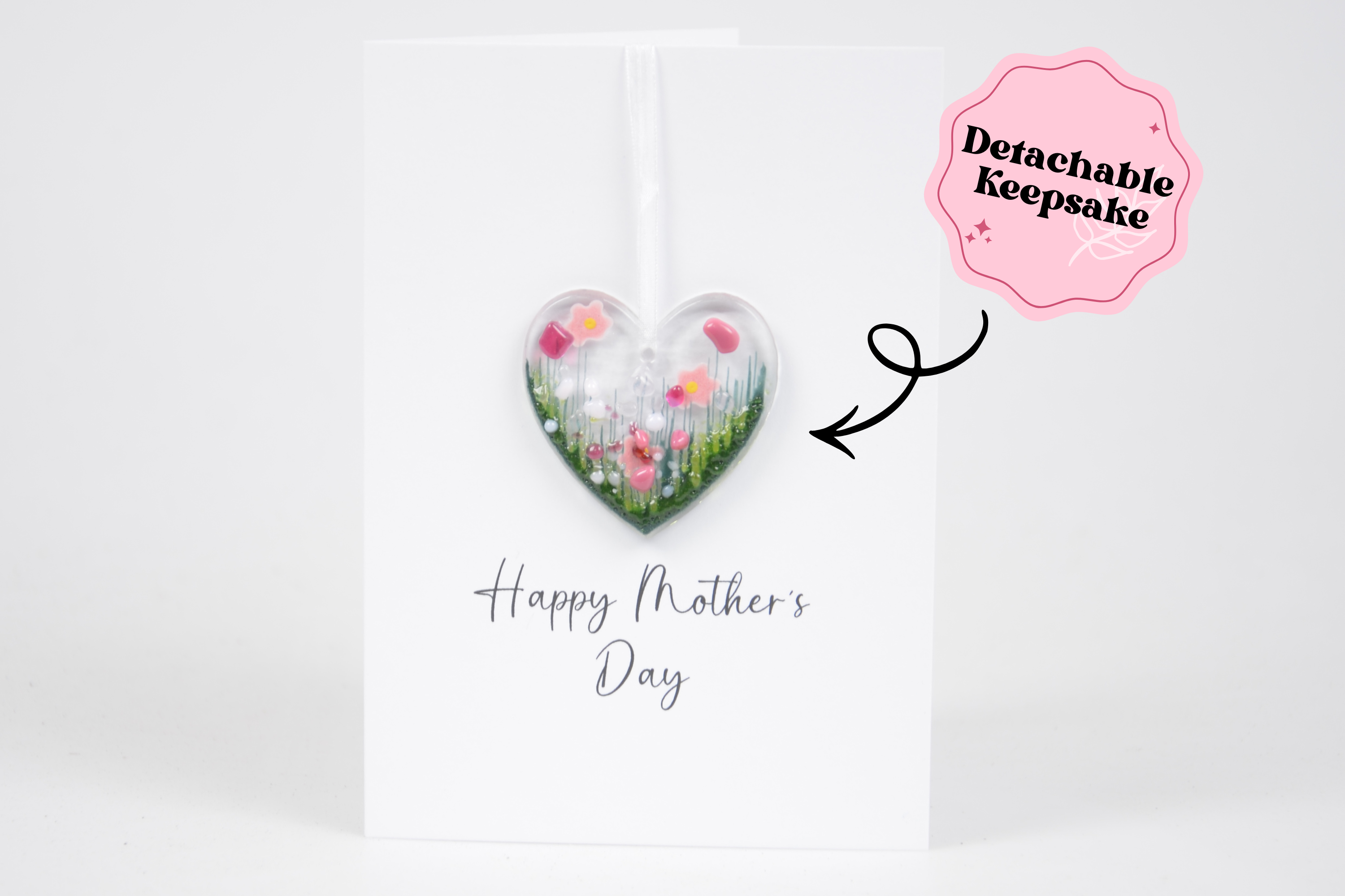 Detachable Fused Glass Flower Heart Greeting Card - Happy Mothers Day