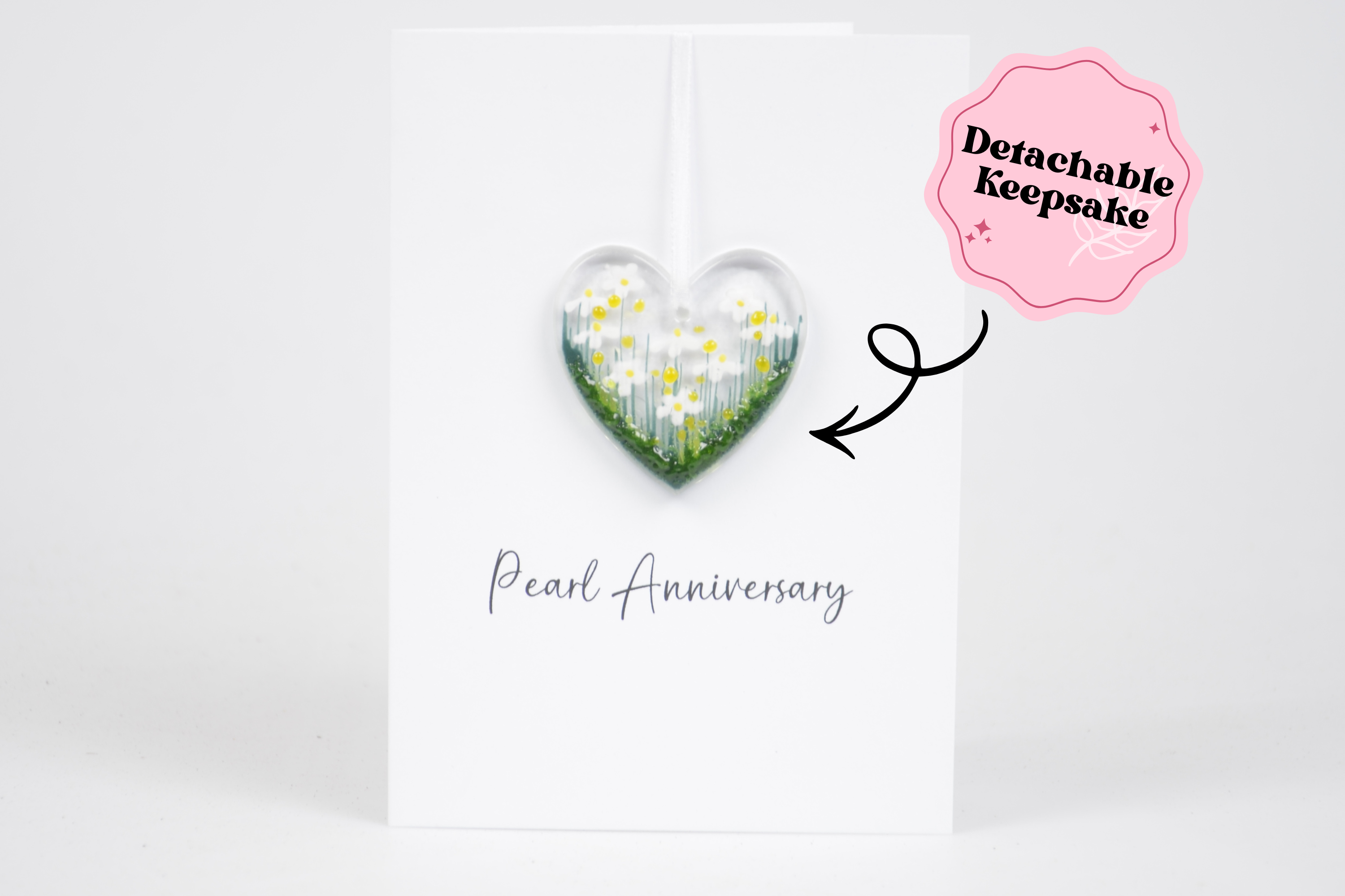 Detachable Fused Glass Flower Heart Greeting Card - Pearl Anniversary