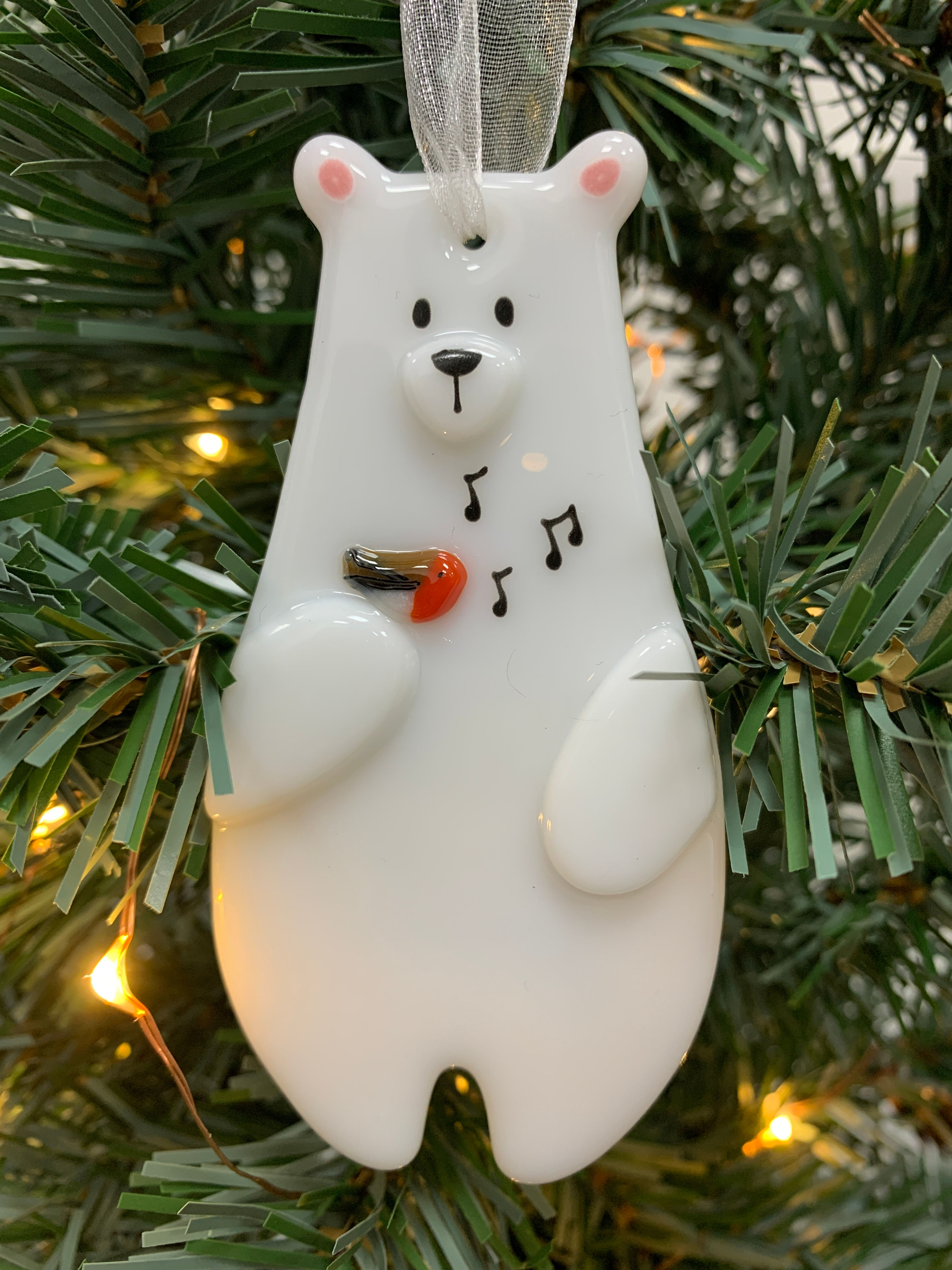 Handmade Fused Glass Polar Bear Tree Decoration - with Robin