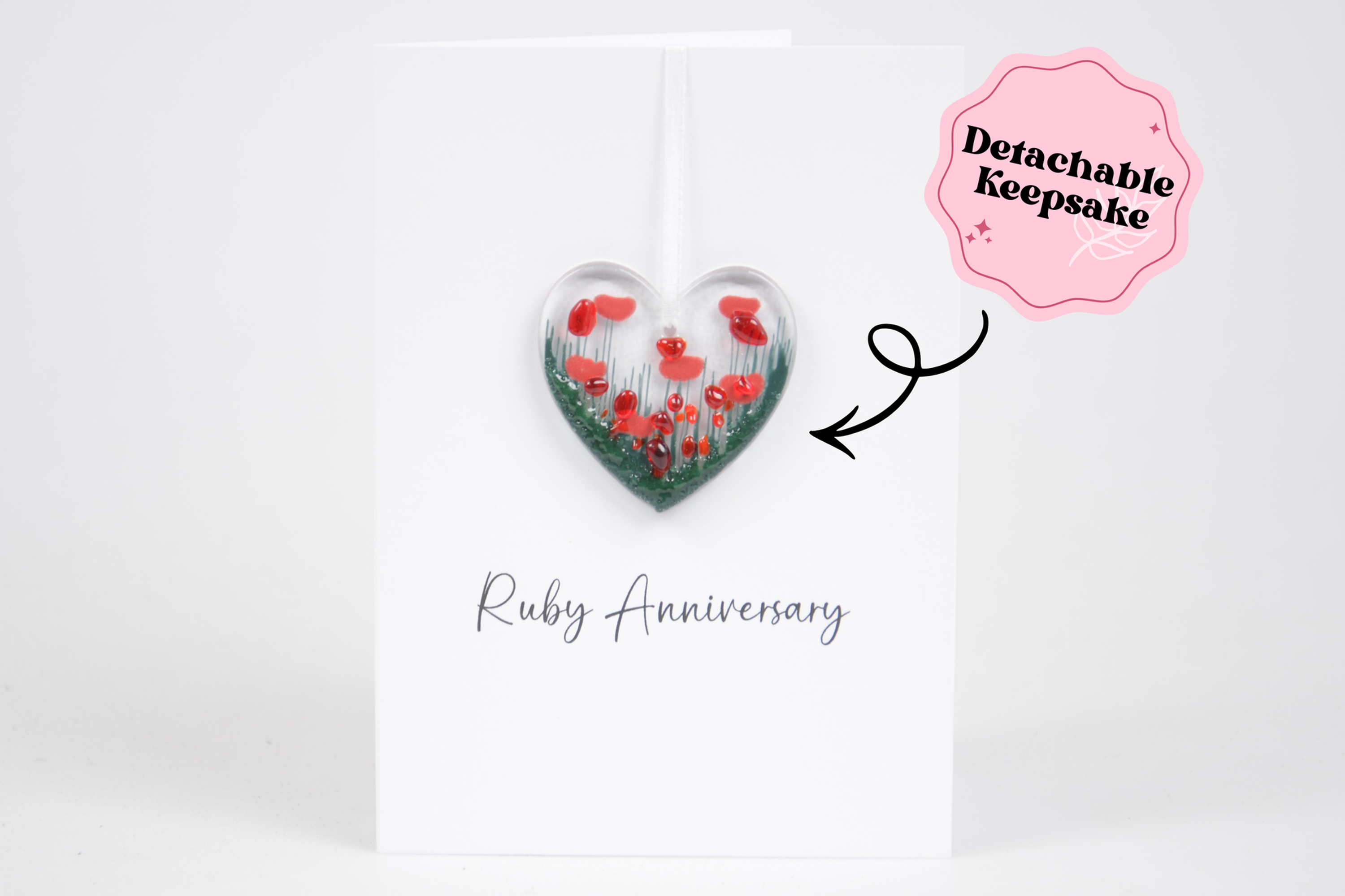Detachable Fused Glass Flower Heart Greeting Card - Ruby Anniversary