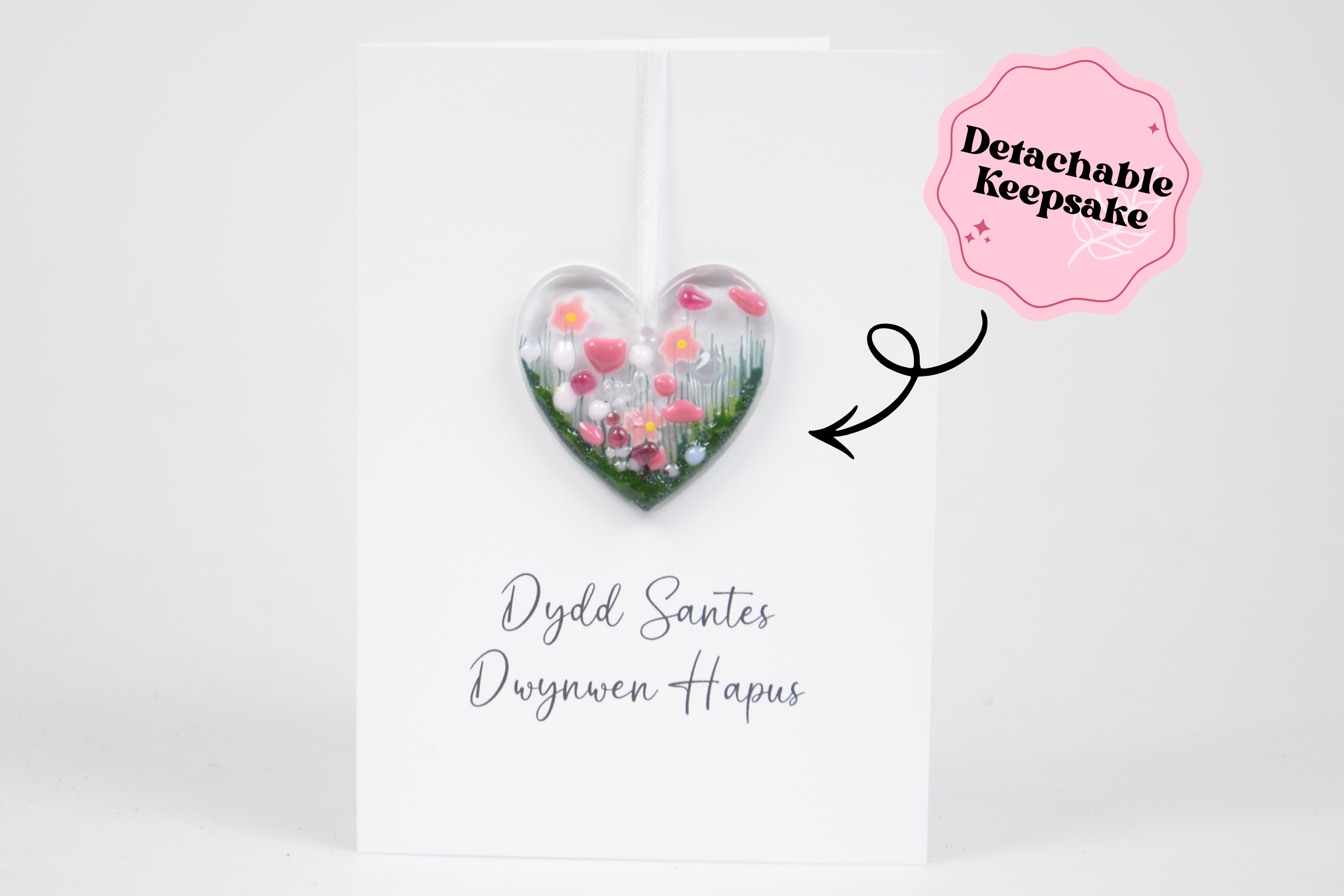 Detachable Fused Glass Flower Heart Greeting Card -Dydd Santes Dwynwen Hapus
