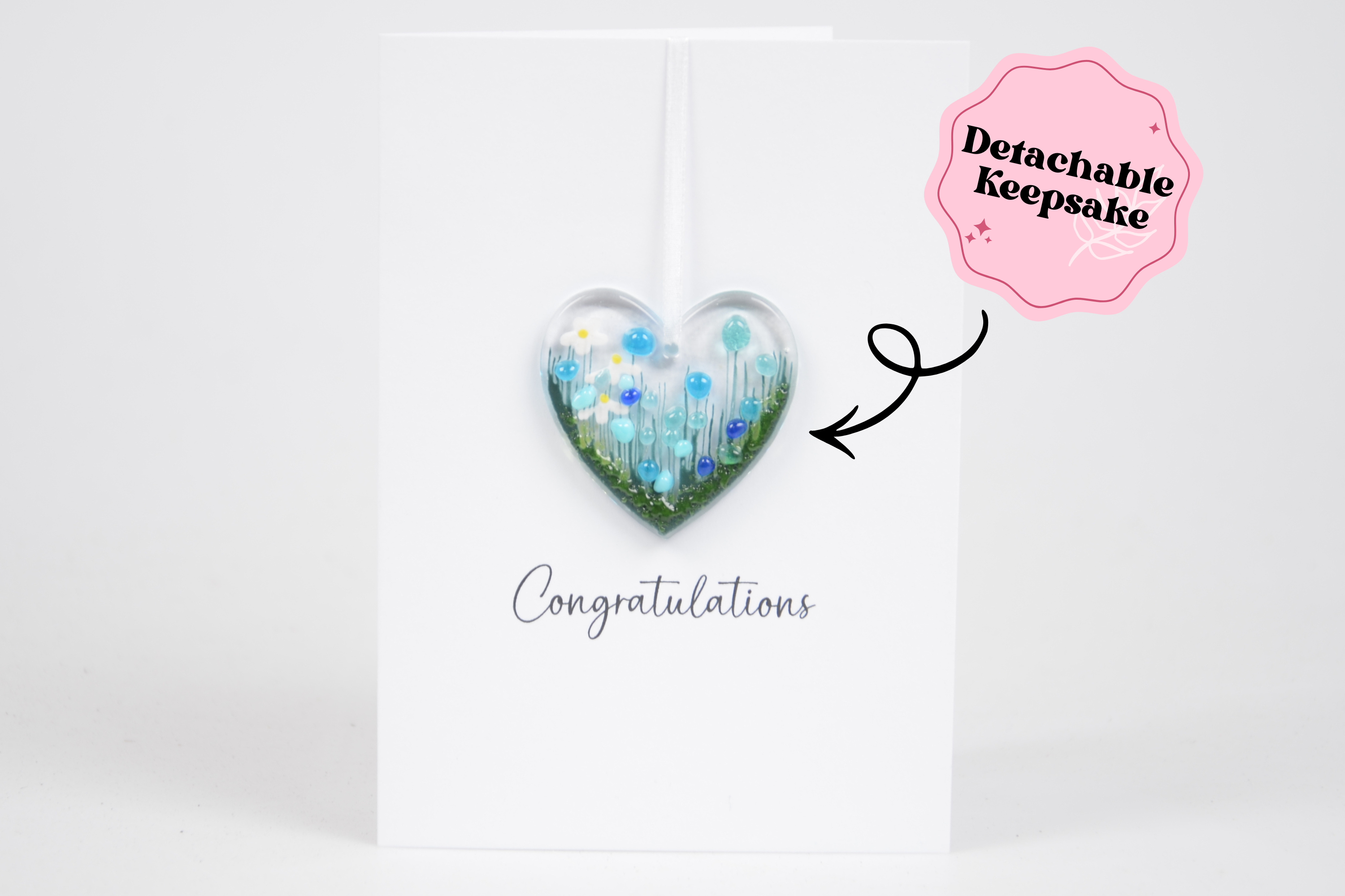Detachable Fused Glass Flower Heart Greeting Card - Congratulations