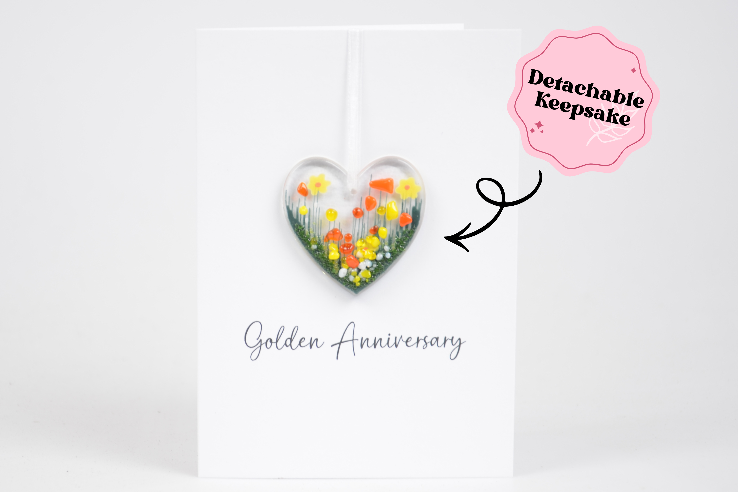Detachable Fused Glass Flower Heart Greeting Card - Golden Anniversary