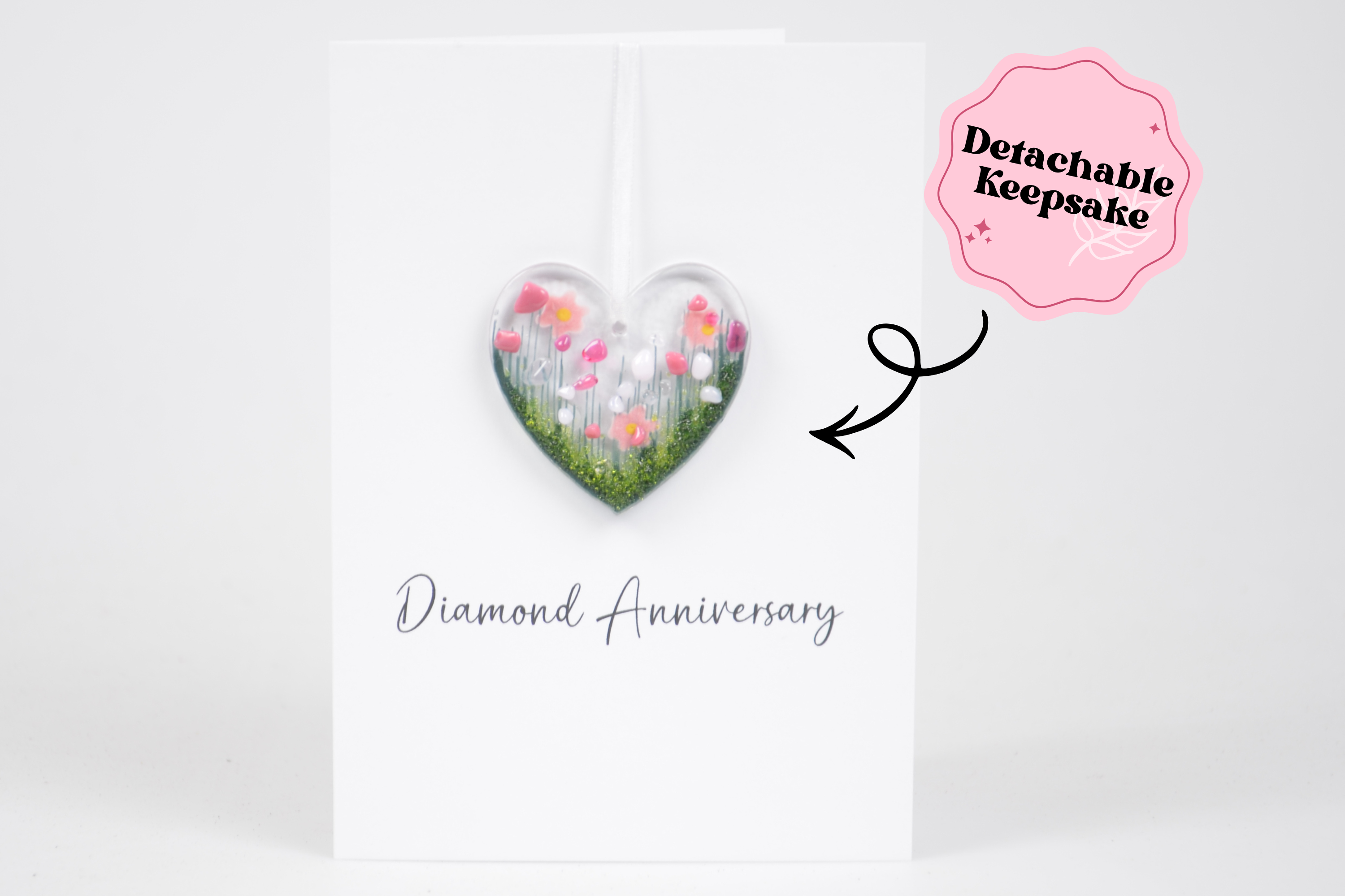 Detachable Fused Glass Flower Heart Greeting Card - Diamond Anniversary