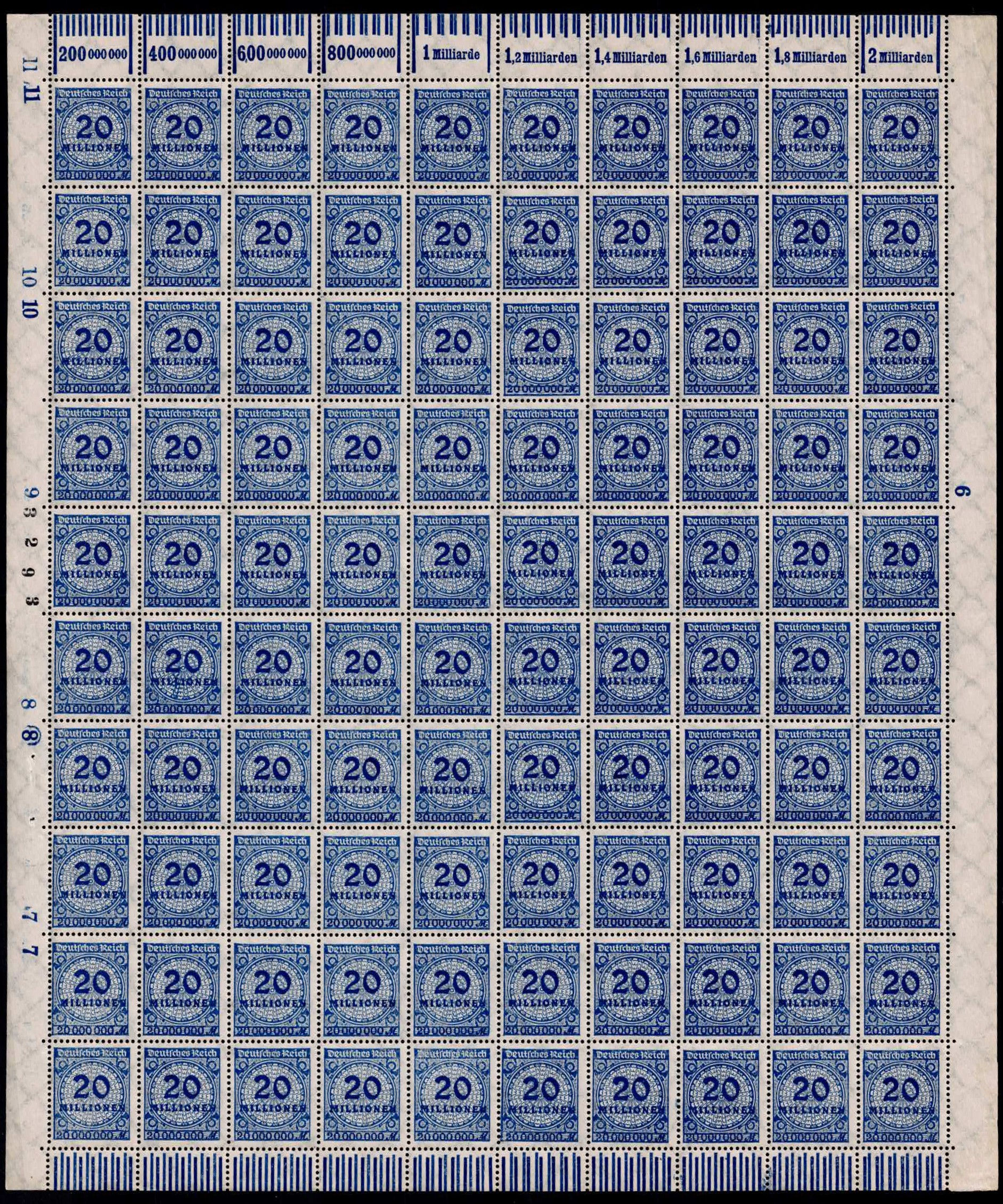 1923 Inflation Series, dark violet ultramarine, Scott DE 302, full sheet MNH