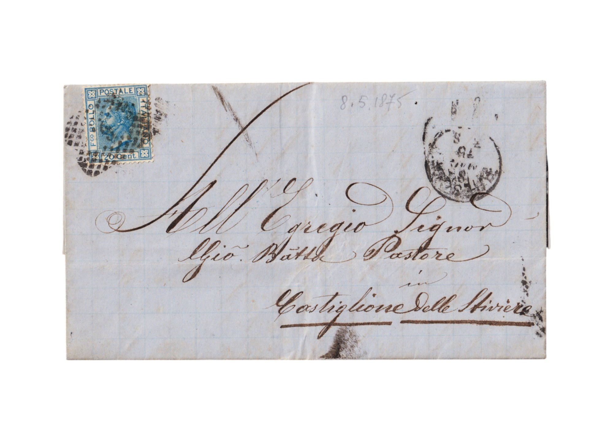 1875 Sardinia Issue, 20c blue Vittorio Emanuele II on cover, Sassone 25k