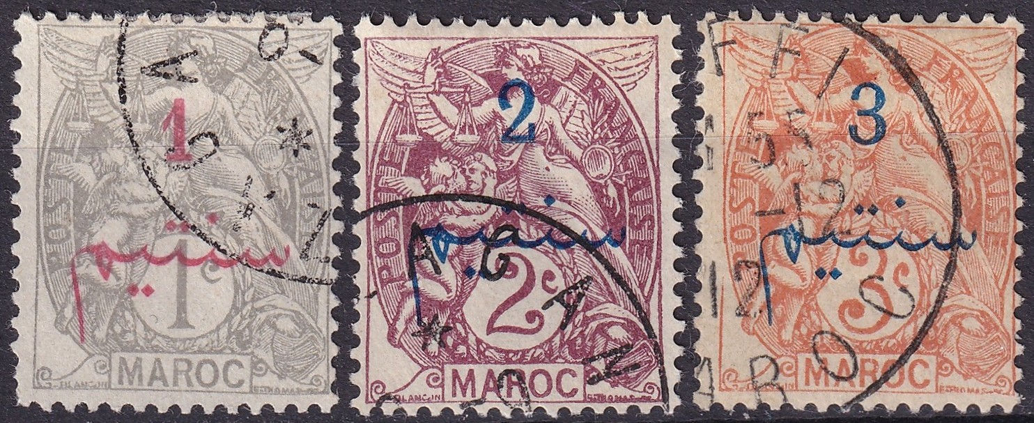 1908–1911 Morocco Blanc Type set, 1c to 3c, SG FR-MA 16–28