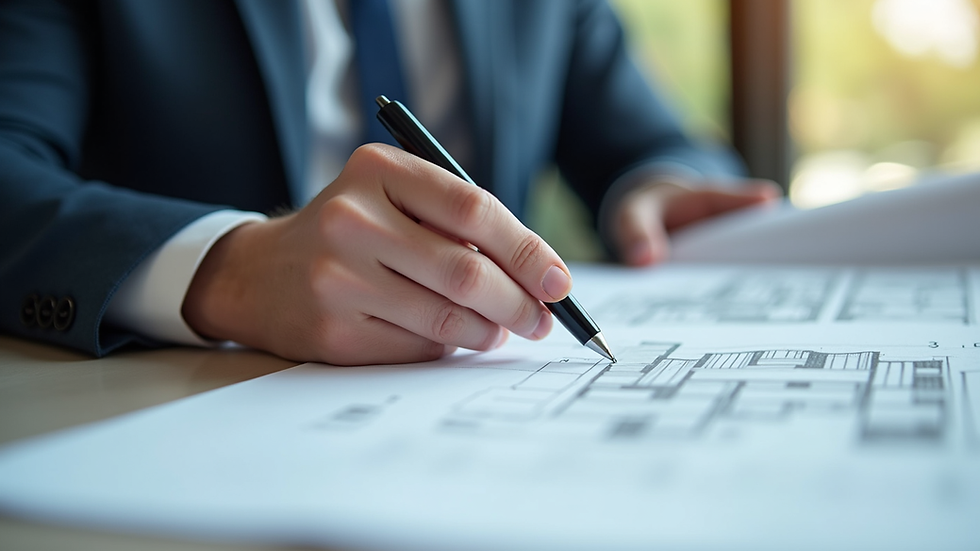 Close-up view of a real estate investor reviewing property plans