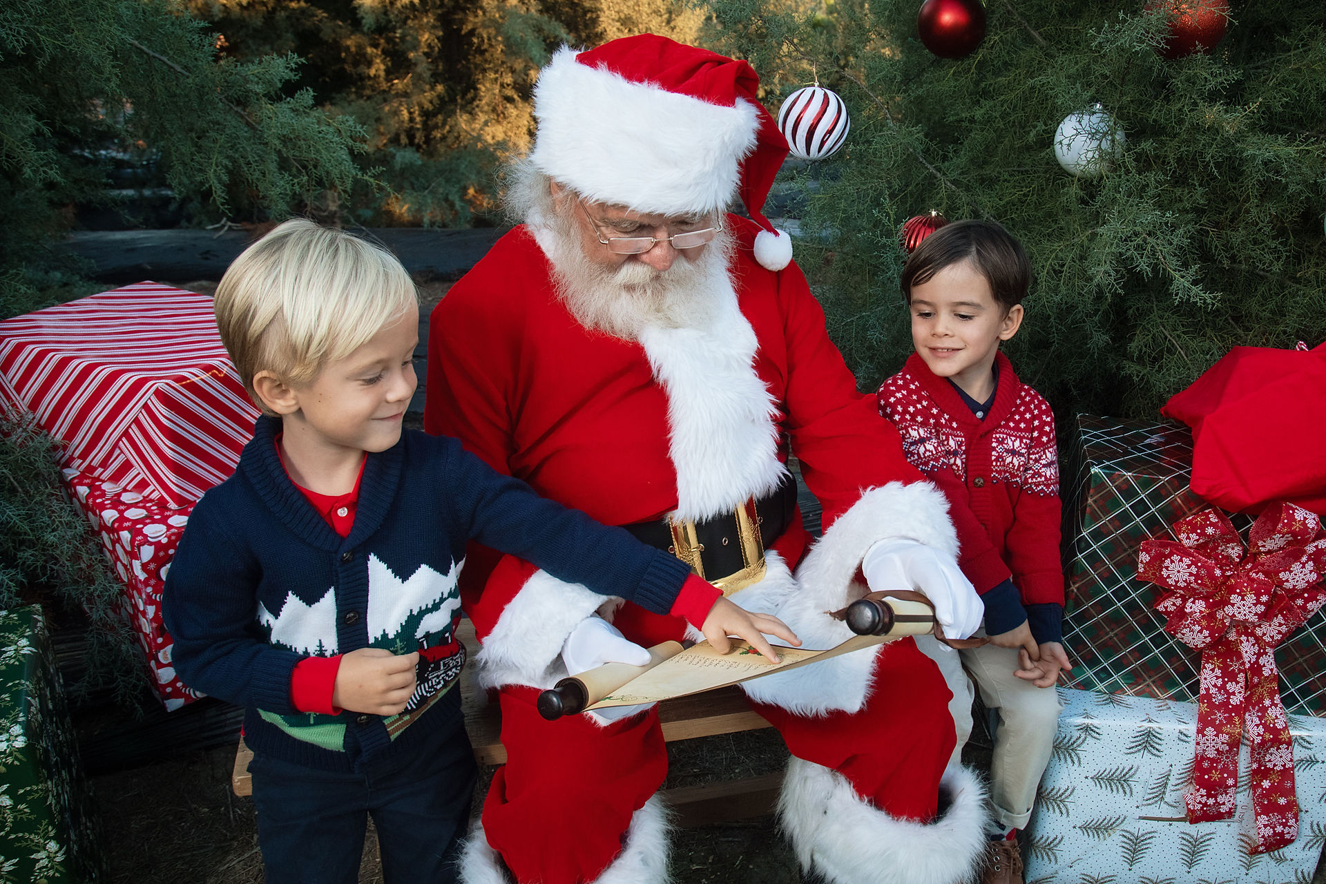 Santa goes over his 'Nice List' with two little brothers as one jubilantly points to his name on the list