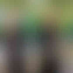 twin sisters wearing black dresses pose next to a stone water fountain