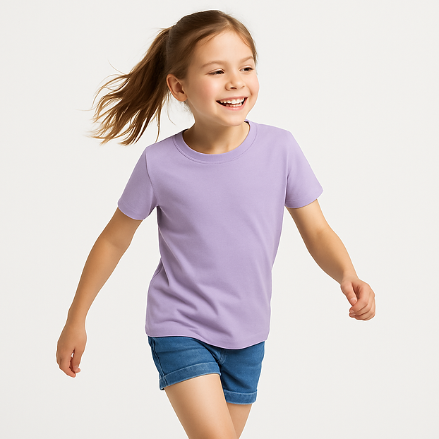 Child wearing purple t-shirt and blue shorts