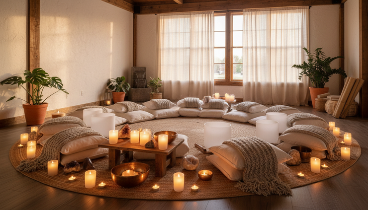 Wide-angle view of a calm wellness room with floor cushions, candles, and sound bowls arranged for a private gathering.