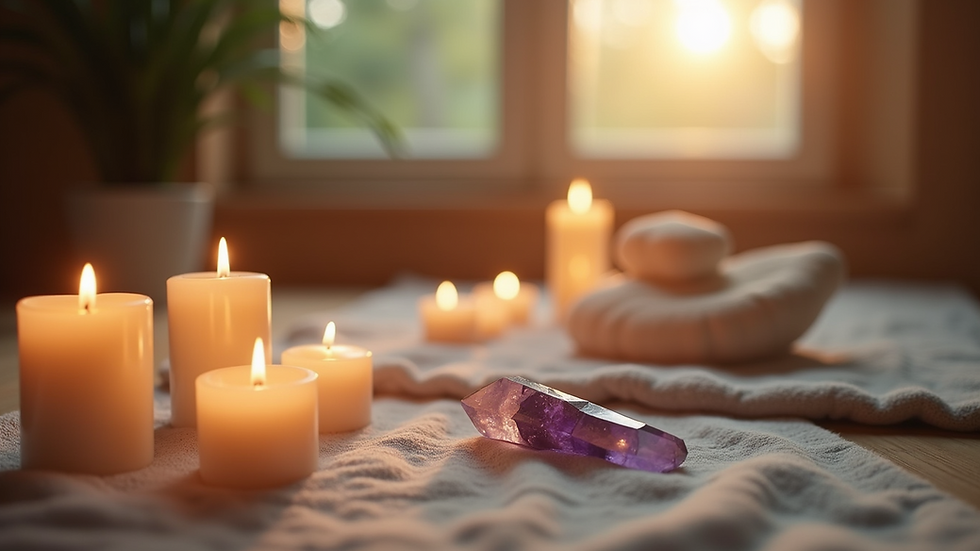 Eye-level view of a serene meditation space with candles and crystals