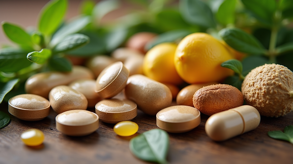 Close-up view of an herbal supplement assortment