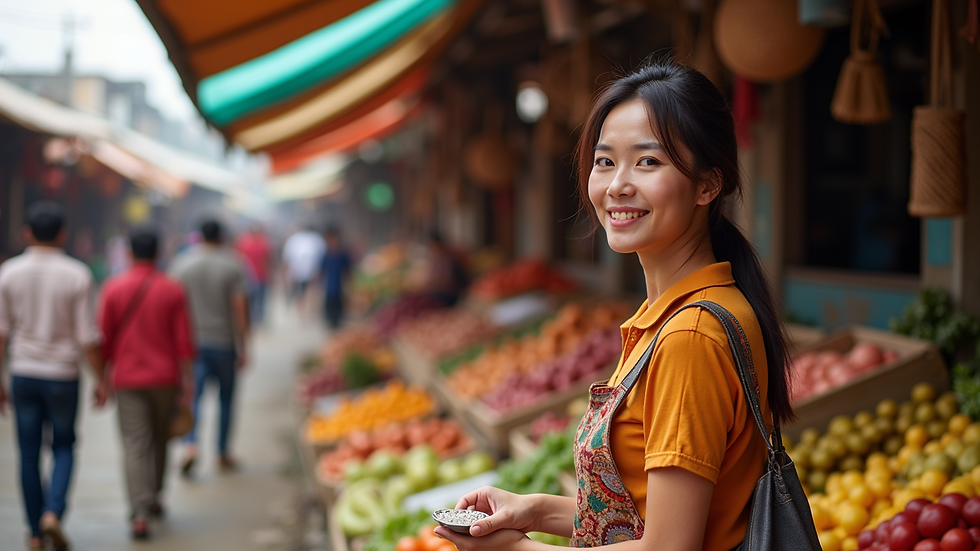 Close-up view of a vibrant marketplace filled with women entrepreneurs