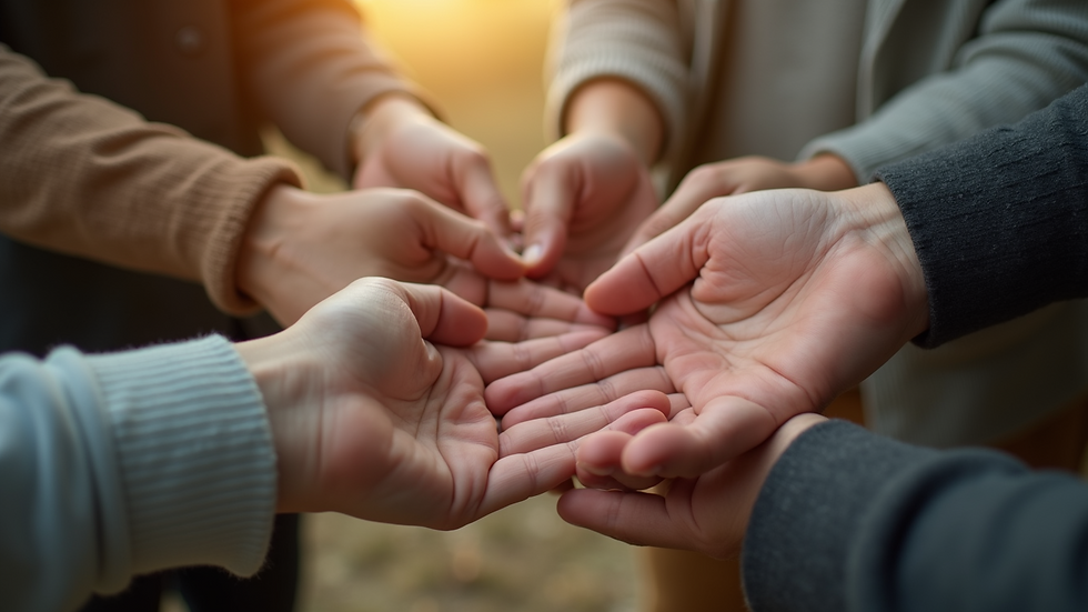 Close-up view of hands joining together in a circle symbolizing unity