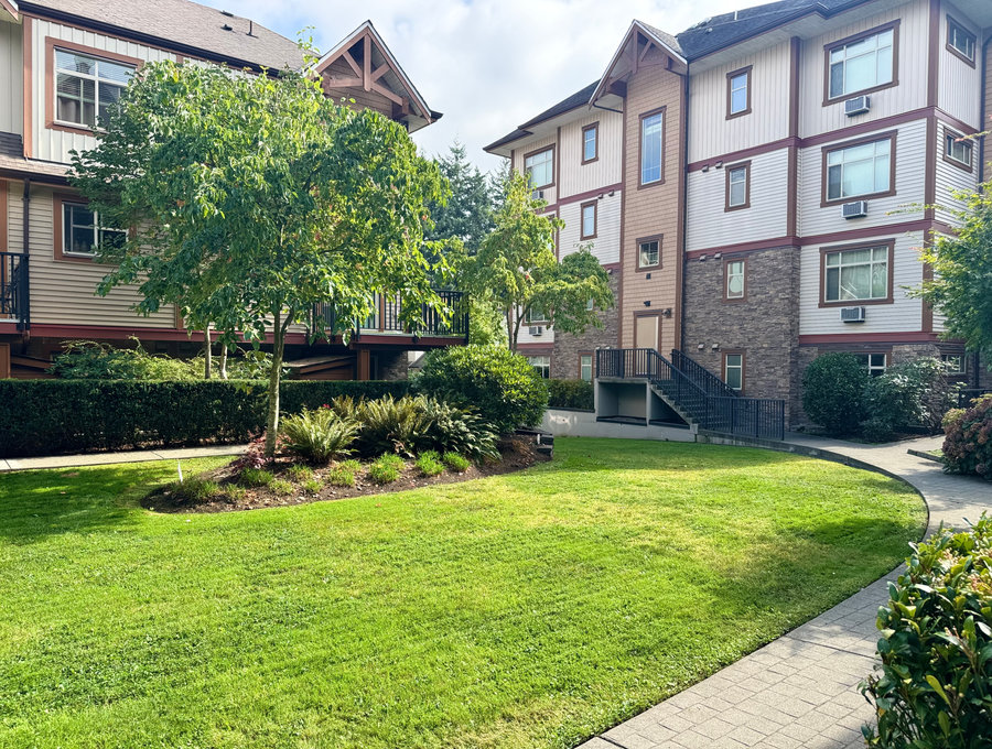 Mown lawn, ornamental trees and shrub beds at an apartment complex