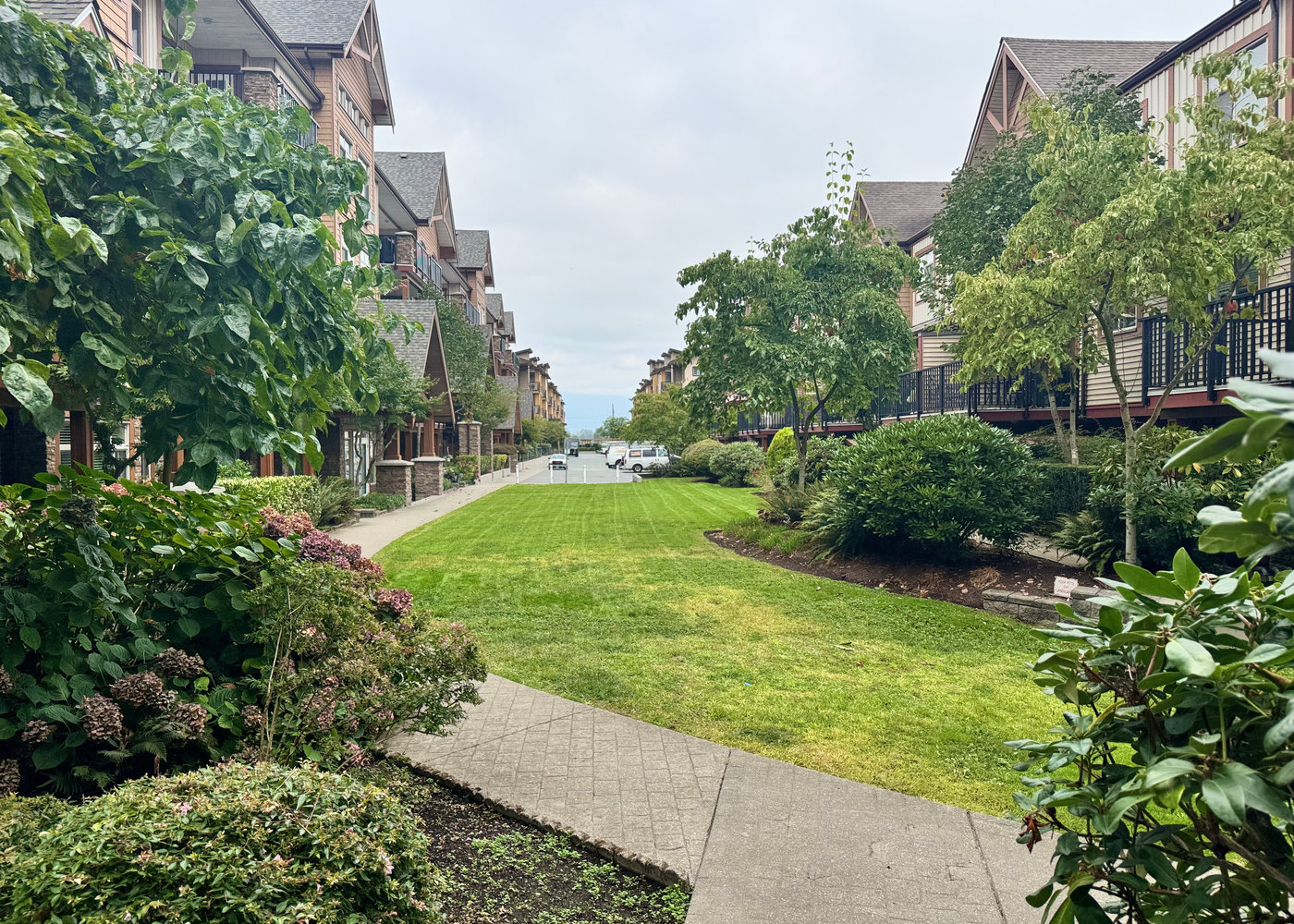 Boulevard planting and mown lawn along a townhome complex