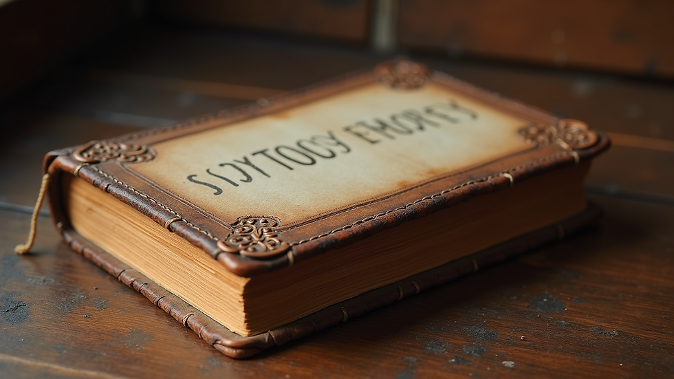 Eye-level view of an old leather-bound family story journal on a wooden table