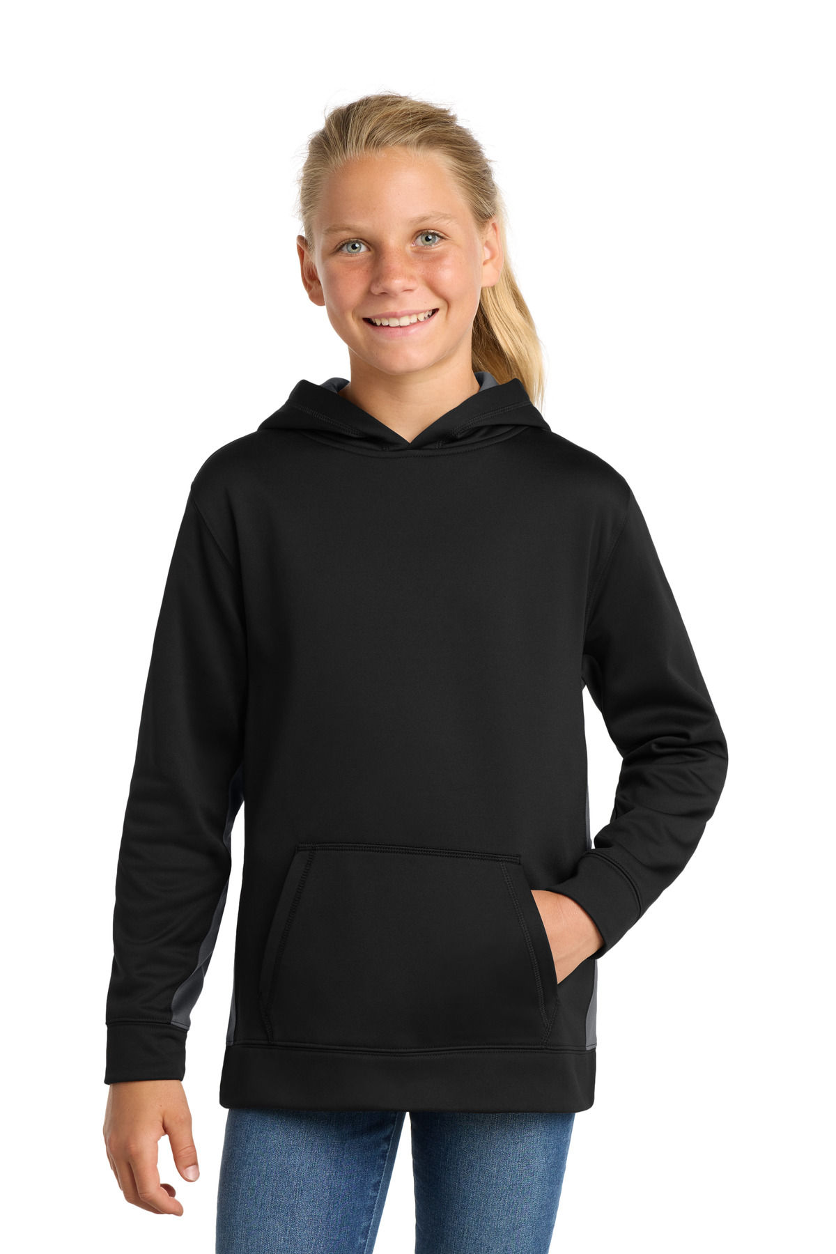 Sport-Tek Youth Sport-Wick Fleece Colorblock Hooded Pullover.