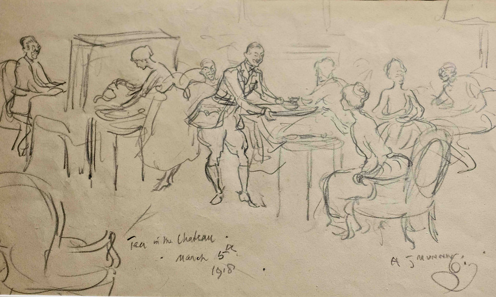 Drawings by Alfred Munnings of people taking tea in a chateau